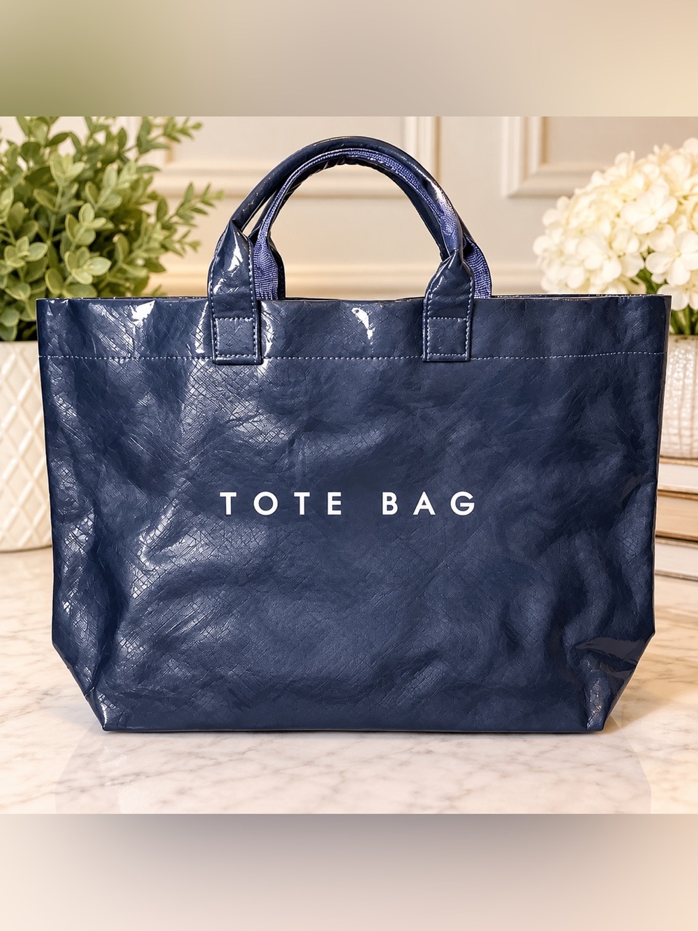 ✨ NWOT Navy Blue Glossy Tote Bag – Large Shoulder Carryall ✨